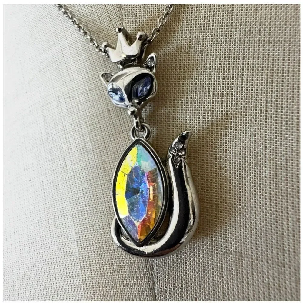 Betsey Johnson Crowned Cat Aurora Crystal Pendant Necklace